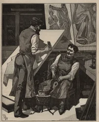 El mosaico: taller de mosaico. Grabado de 1885 en “Les arts et metiers illustres” de Adolphe BITARD.