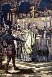 El asesinato de santo Tomás Becket en la catedral de Canterbury, 29 de diciembre de 1170, por caballeros de la corte del rey Enrique II - grabado en madera