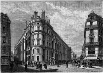 El nuevo Hotel de Correos de la Rue du Louvre en París tras su reconstrucción. Grabado en el diario "La juventud".