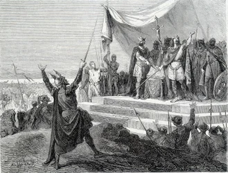 El juramento de los dos hermanos ante su armadura: Carlos II el Calvo y Luis II el Germánico juran contra Lotario I (Juramentos de Estrasburgo 842)