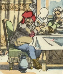 El ogro en la mesa, siente la presencia del pequeño Poucet y sus hermanos. Ilustración del cuento “Le Petit Poucet” de Charles Perrault