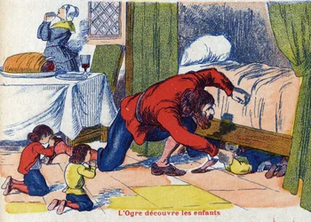 El ogro descubre a los niños. Ilustración para "Pulgarcito", cuento de Charles Perrault (1628-1703), escritor francés. Ilustración anónima. Imágenes Marcel Vagne, Jarville Nancy, sin fecha (finales del siglo XIX)