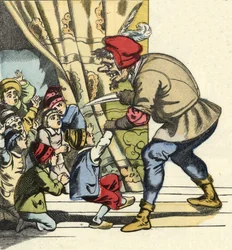 El ogro toma a un niño con la intención de devorarla. Ilustración del cuento "Pulgarcito" de Charles Perrault