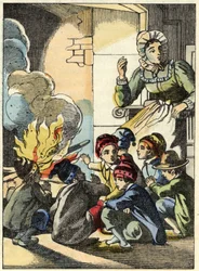 La esposa del ogro calienta al pequeño Poucet y sus hermanos con un fuego. Ilustración del cuento “Le Petit Poucet” de Charles Perrault