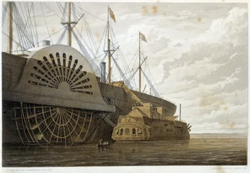 La vieja fragata con su carga de cable junto al "Great Eastern" en Sheerness - en "El telégrafo atlántico" de W. H. Russel, ca. 1860