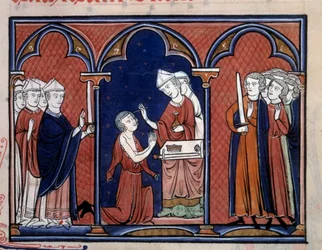 El ordo de la representación sagrada del ritual de unción del rey (probablemente Luis IX (San Luis) (1214-1270)) Miniatura tomada de “Orden de Consagración y Coronación de los Reyes de Francia” 1250 alrededor de París, B.N.