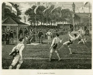 El juego de la palma en Franeker (Países Bajos). Grabado para ilustrar la historia La Frise, basado en una relación de un periódico holandés, en le tour du monde 1886, dirigido por Edouard Charton (1807-1890), Hachette, París.