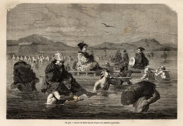 El paso de un vado, con presentación de los modos de transportar pasajeros y equipaje. Grabado para ilustrar el viaje a Japón, en 1863-1864, por Aime Humbert, ministro de la Confederación Suiza, en "Le tour du monde, nouveau journal des voyages"