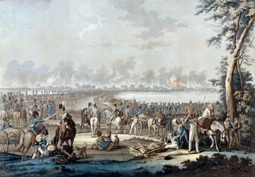 El paso del Danubio el 6/07/1809 durante la Batalla de Wagram Litografía del siglo XIX París, Museo del Ejército
