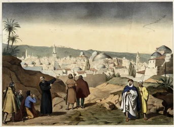 Los peregrinos llegan a la ciudad de Jerusalén. Grabado anónimo de mediados del siglo XIX - en "Gran Catecismo de Familias".