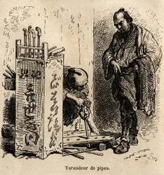 La máquina de roscar tubos en su taller: para roscar los tubos utiliza una simple tabla perforada con agujeros de tamaño desigual, colocada en una espiral de hierro. Grabado para ilustrar el viaje a Japón de Aimé Humbert, ministro de la Confederación