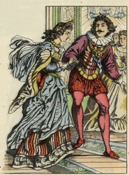 El príncipe invita a Cenicienta a bailar. Ilustración del cuento de Charles Perrault “Cenicienta o La pequeña zapatilla de cristal”