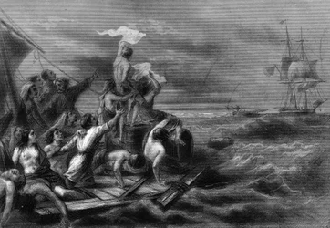 La balsa de la Medusa viendo al Argus en alta mar. En “Historia general de la marina” por Van Tenac