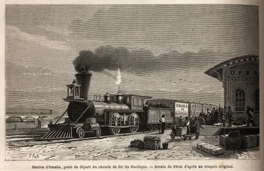 El ferrocarril en la estación de Omaha (Nebraska), el punto de partida de las líneas que conducen al Pacífico. Grabado para ilustrar el viaje al lejano oeste americano, por M. L. Simonin, en 1867, publicado en "Le tour du monde, nouveau journal des voyages