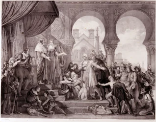 El regreso de Cristóbal Colón a España ante el rey Fernando II de Aragón e Isabel I de Castilla (llamada la Católica) después de descubrir América. Grabado del siglo XIX