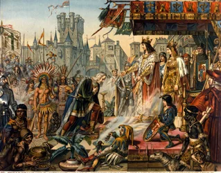 El regreso de Cristóbal Colón a España ante el rey Fernando II de Aragón e Isabel I de Castilla (llamada la Católica) tras descubrir América. Grabado del siglo XIX.