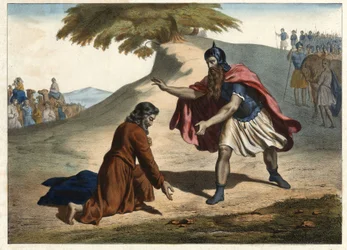 El regreso de Jacob y su encuentro con Esaú - Jacob regresa a la tierra de Canaán con sus esposas e hijos: se encuentra con su hermano Esaú. Grabado de mediados del siglo XIX