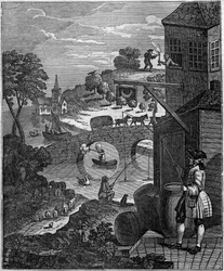 La perspectiva ridícula. Ilustración satírica de William Hogarth (1697-1764) que se burla del arte de la perspectiva de los pintores proponiendo niveles de plano de objetos y personas imposibles en la realidad debido a las distancias.