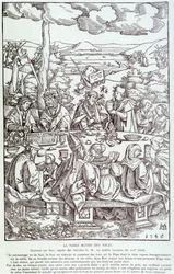 La mesa redonda de los vicios: juego, avaricia, lujuria, orgullo... - Grabado de 1546