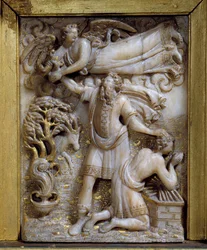 El sacrificio de Abraham, el ángel aparece a Abraham para decirle que no sacrifique a su hijo Isaac