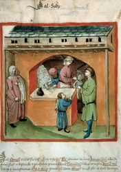 El comerciante de sal Iluminación del comercio de la medicina y la dietética “Tacuinum sanitatis”