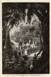 Las celebraciones de la temporada en Luang Prabang, capital real de Lan Xang (reino de los millones de elefantes) (actual Laos), consisten en una procesión de los habitantes y una pagoda de adoración por toda la ciudad. Grabado para ilustrar un viaje de ex