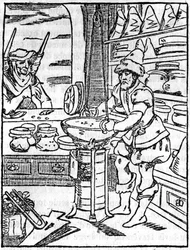 La tienda del boticario y comerciante de ungüentos y pociones en el siglo XVI, el peluquero cuida el cabello de un cliente - En "La tienda pintoresca" 1836