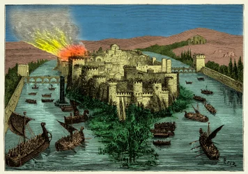 El asedio de París en 845 por los vikingos al mando de Ragnar Lodbrok, grabado, siglo XIX