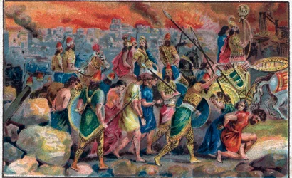 El asedio de la ciudad de Jerusalén por el rey de Babilonia Nabucodonosor II en 586 a.C. y la destrucción de la ciudad y el templo de Jerusalén. Cromolitografía de finales del siglo XIX.