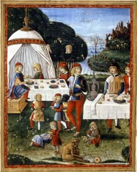 El refrigerio de Maximiliano Sforza (1490 - 1530) en el parque. Miniatura de un manuscrito del siglo XV. Milán, Biblioteca Trivulziana.