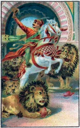 La fuente de los leones. Historia del Príncipe Ahmed y el hada Paris-Banou (Pari Banou) (Paribanu). Cuento de 1001 noches (cuentos de las mil y una noches). Cromolitografía de finales del siglo XIX.