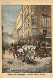 La bomba de vapor y los vehículos de los bomberos en París, según una pintura de Mr. Busson. Grabado en "Le petit journal" 3/05/1896. Colección Selva