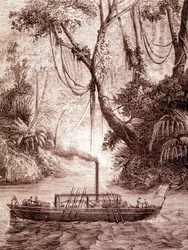 El barco de vapor de John Fitch, inventor estadounidense, en el río Delaware alrededor de 1791