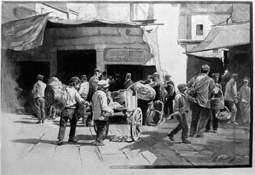 Los vendedores ambulantes y el paseo del distrito de Vuccirla en Palermo, Sicilia. Grabado del siglo XIX