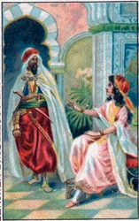 El sultán y la princesa. Cuento “Histoire du cheval enchante” en “Les mille et une nuits” (les 1001 nuits ou Le mille e una notte, Arabian Nights). Cromolitografía de finales del siglo XIX.