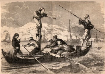 La pesca del pez espada en la costa de Sicilia en Italia en 1862. Grabado en “Le Monde illustré” de 1862. Colección privada.