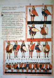Los diez reyes del apocalipsis con armas de lanzas y escudos con sus tropas. Miniatura en "Beato de Liébana, Comentario al Apocalipsis" (Folio 193), por Stephanus Garcia