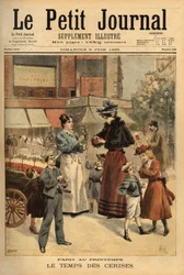 El tiempo de las cerezas, comerciante ambulante en las calles de París. Grabado en "Le petit journal" 9/06/1895. Colección de Selva.