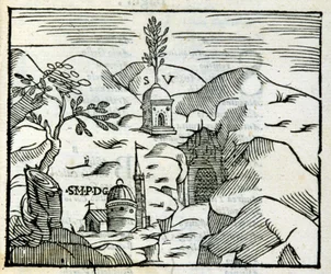 La tumba de Virgilio (70 a. C. - 19 a. C.) en Pozzuoli. Xilografía según una guía turística del siglo XVII.