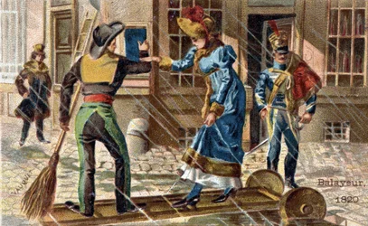 El oficio de barrendero en 1820: un barrendero ayudando a una joven a cruzar un charco