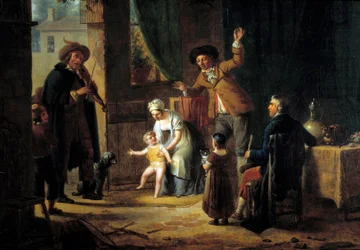 El músico ambulante. Un violinista toca música en la puerta de una casa familiar. Pintura anónima. 1819. París, Artes Decorativas