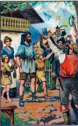 El tributo de los confederados a Guillermo Tell (William Tell) (héroe legendario de la independencia suiza). Cromolitografía de finales del siglo XIX.