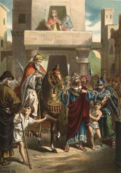 El triunfo de Mardoqueo (o Mordejai o Mardoqueo), personaje bíblico (siglo V a.C.). En "El Culto de la Hermosura" por Juan Justo Huguet, Molinas Hermanos editores