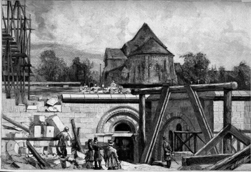 Las construcciones subterráneas de la iglesia del Sagrado Corazón en Montmartre: la antigua iglesia. Grabado en Le Monde Illustré n°1300 del 25 de febrero