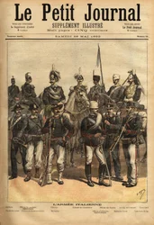 Los uniformes del ejército italiano, a caballo de izquierda a derecha: la artillería, el oficial de caballería, el general, el coronel de carabineros, el oficial de los guías, el 10.º regimiento de lanceros, el centésimo. De pie, de izquierda a derecha: