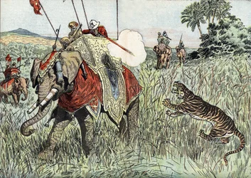 The voyage of the Prince of Wales (then Edward VIII then Duke of Windsor) (1894-1972), to the British Indies, represented here during a tiger hunt" (El viaje del Príncipe de Gales (entonces Eduardo VIII y luego Duque de Windsor), a las Indias Británicas, r