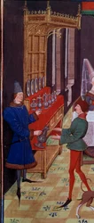 El banquete de bodas de Clarisse, hija del Rey Yvon de Gascuña y Renaud (detalle) Miniatura del manuscrito "Renaud de Montauban" o "Los cuatro hijos Aymon" por Loyset Liedet (activo entre 1448 y 1478)
