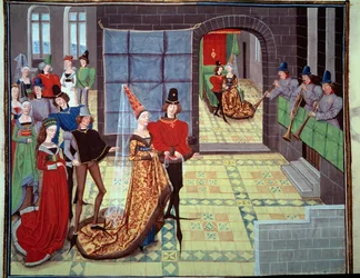 La boda de Renaud y Clarisse, en el fondo en la noche de bodas. Miniatura del manuscrito Renaud de Montauban o Los cuatro hijos Aymon por Loyset Liedet (activo entre 1448 y 1478). Ms. 5073. Siglo XV Biblioteca de l