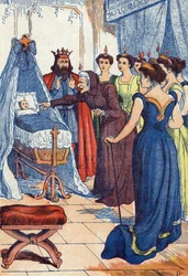 El hada malvada predice que la princesa se pinchará la mano. Ilustración para “La bella durmiente”, cuento de Charles Perrault (1628-1703), escritor francés. Imaginario Marcel Vagne, Jarville Nancy, sin fecha (finales del siglo XIX).