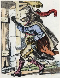 El lobo llama a la puerta de la casa del cabrito. Ilustración del cuento “Compère le Loup, Maître Renard, Commère la Chèvre et ses petits biquets” después de una fábula de Jean de la Fontaine. En “Cuentos del hogar para los pequeños”. Grabado anónimo.